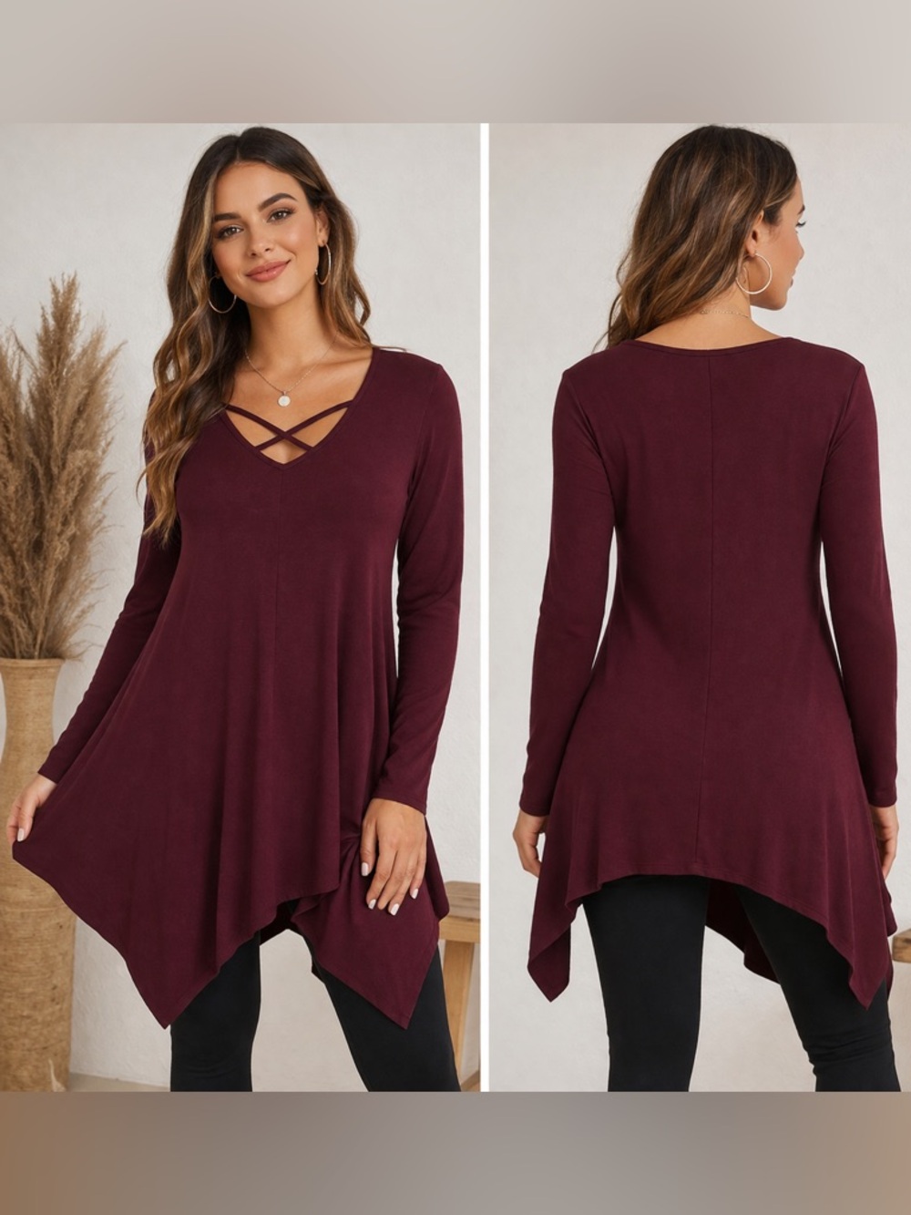 Zeagoo Women’s Burgundy Asymmetrical Tunic Top Size M Long Sleeve V-Neck Flowy